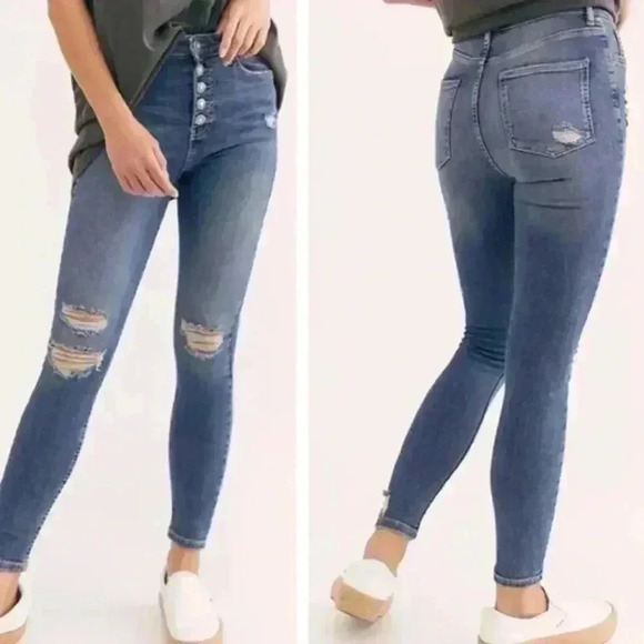 Free People Button Fly Sabrina Distressed High Waist Skinny Jeans Size 28 - Picture 2 of 16